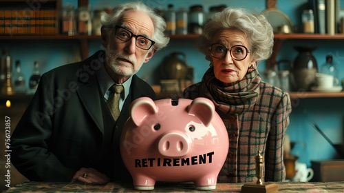 Retried older couple - piggy back with the label “RETIREMENT” - 401k - pension - retirement plan - retirement savings - Roth - IRA  - investments - saving - putting money back photo