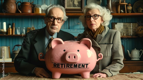 Retried older couple - piggy back with the label “RETIREMENT” - 401k - pension - retirement plan - retirement savings - Roth - IRA  - investments - saving - putting money back photo