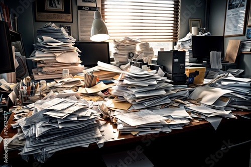 Messy office desk with lots of paperwork and documents, toned