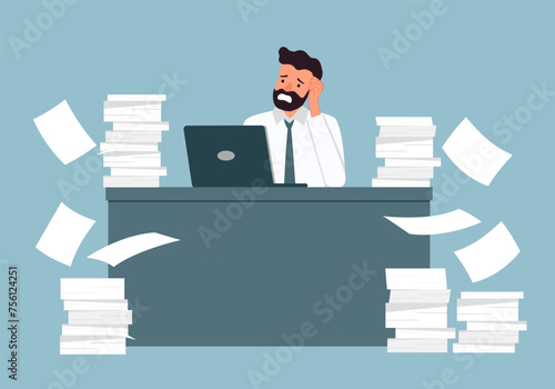 Man overwork in office, deadline vector illustration. Manager sitting at computer desk with stack of documents in mess and deadline tasks holding hand on head in flat design.