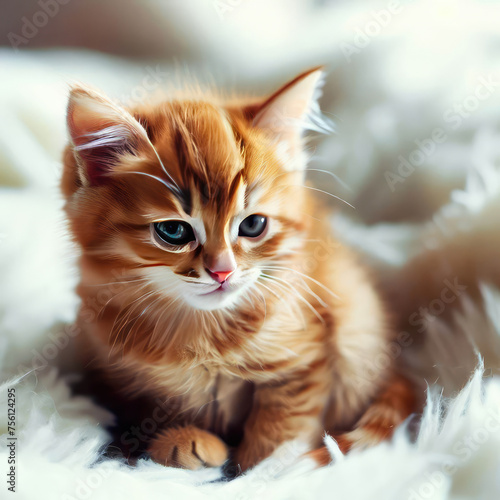 kitten cat sitting on a fluffy white blanket