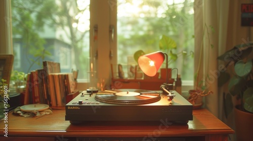 A vintage record player spins softly in a dimly lit room