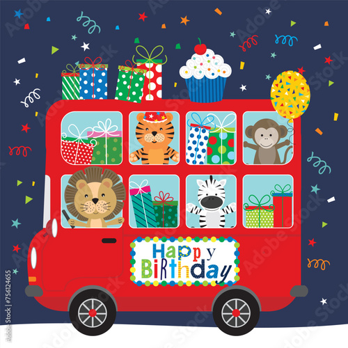 Happy birthday card design with animals, gifts in the double decker