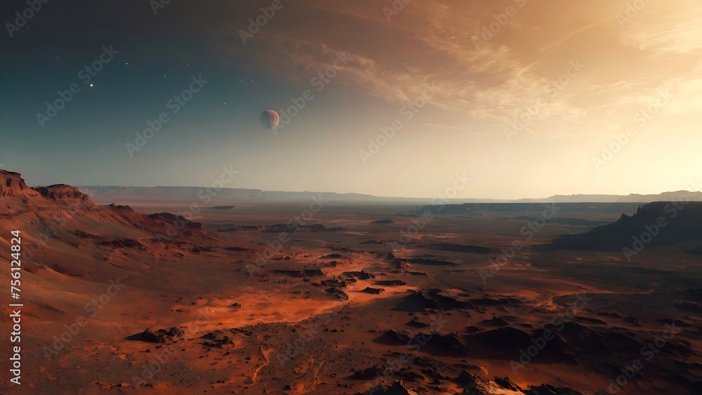 outdoor martian planet surface landscape background. sunset in mars planet 