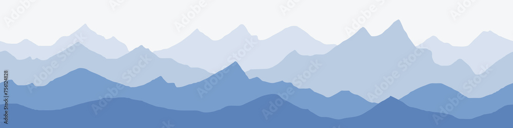 Vector illustration of mountains, ridge in the morning haze, seamless border, panoramic view	