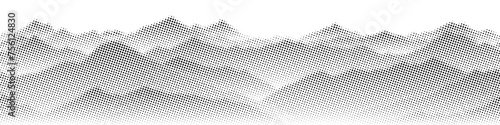 Vector halftone dots background, fading dot effect. Imitation of a mountain landscape, banner, shades of gray.	