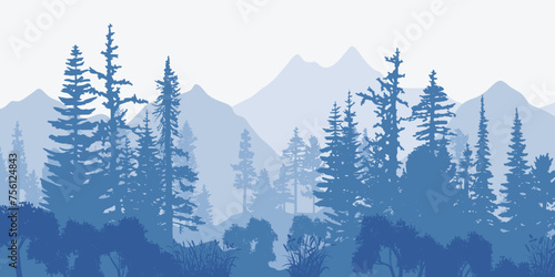 Mountain landscape with forest, morning haze, vector illustration	