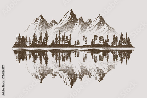Forest and mountains are reflected in the lake, vector sketch, imitation of a pencil drawing	