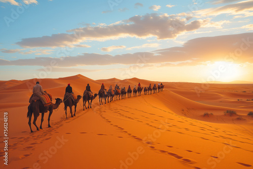 Caravan of camels travels through sand dunes of desert AI Generative