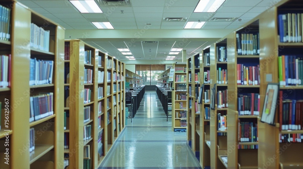 Fototapeta premium Inside the building a stateoftheart library is showcased filled with rows of books and technology stations providing students with endless learning resources.