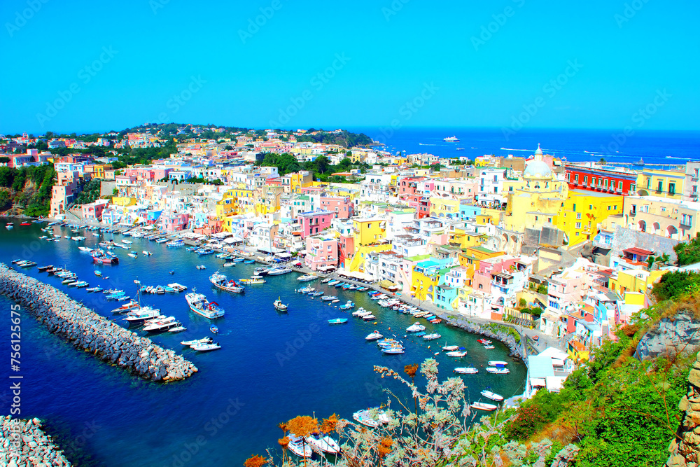 ISOLA DI PROCIDA, ITALY - SEPTEMBER 10, 2023: Panoramica sulla Corricella. This viewpoint offers breathtaking sights of the island, including Marina Corricella and its vibrant, colorful architecture