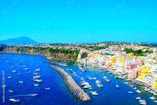 ISOLA DI PROCIDA, ITALY - SEPTEMBER 10, 2023: Panoramica sulla Corricella. Marina Corricella is the most ancient fishing village of Procida, a 17th-century harbour arranged as a theatre on the sea