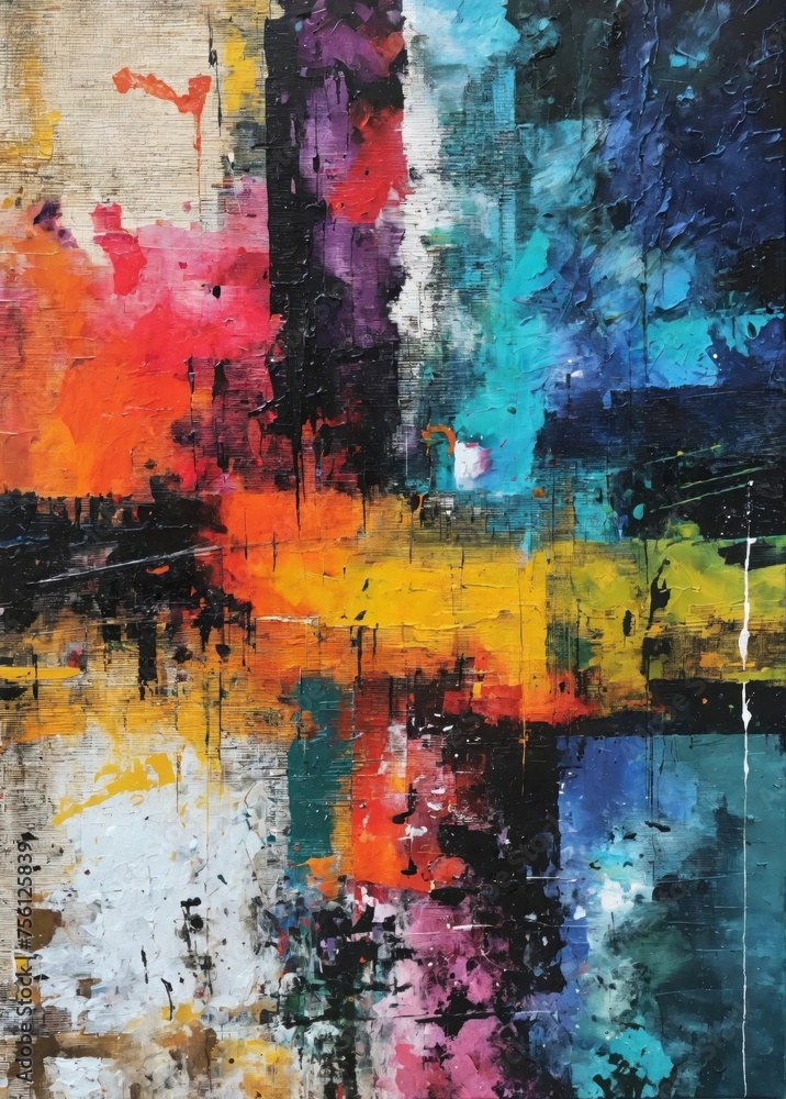 Abstract multicolor grunge painting with geometric shapes and brush strokes. Contemporary painting. Impressionism style. Oil on canvas. Modern poster for wall decoration Abstract multicolor grunge painting with geometric shapes and brush strokes. Contemporary painting. Impressionism style. Oil on canvas. Modern poster for wall decoration