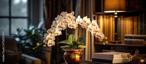 Orchids illuminated on a side table in a living room with golden lighting.