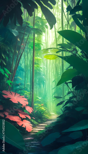 Jungle landscape scene with big trees and foliage, digital illustration © Agustin A