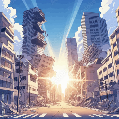 Cartoon scene of a city in ruins by an earthquake in a sunny day, digital illustration vector
