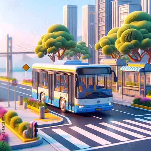 City bus in the street, 3D render illustration photo