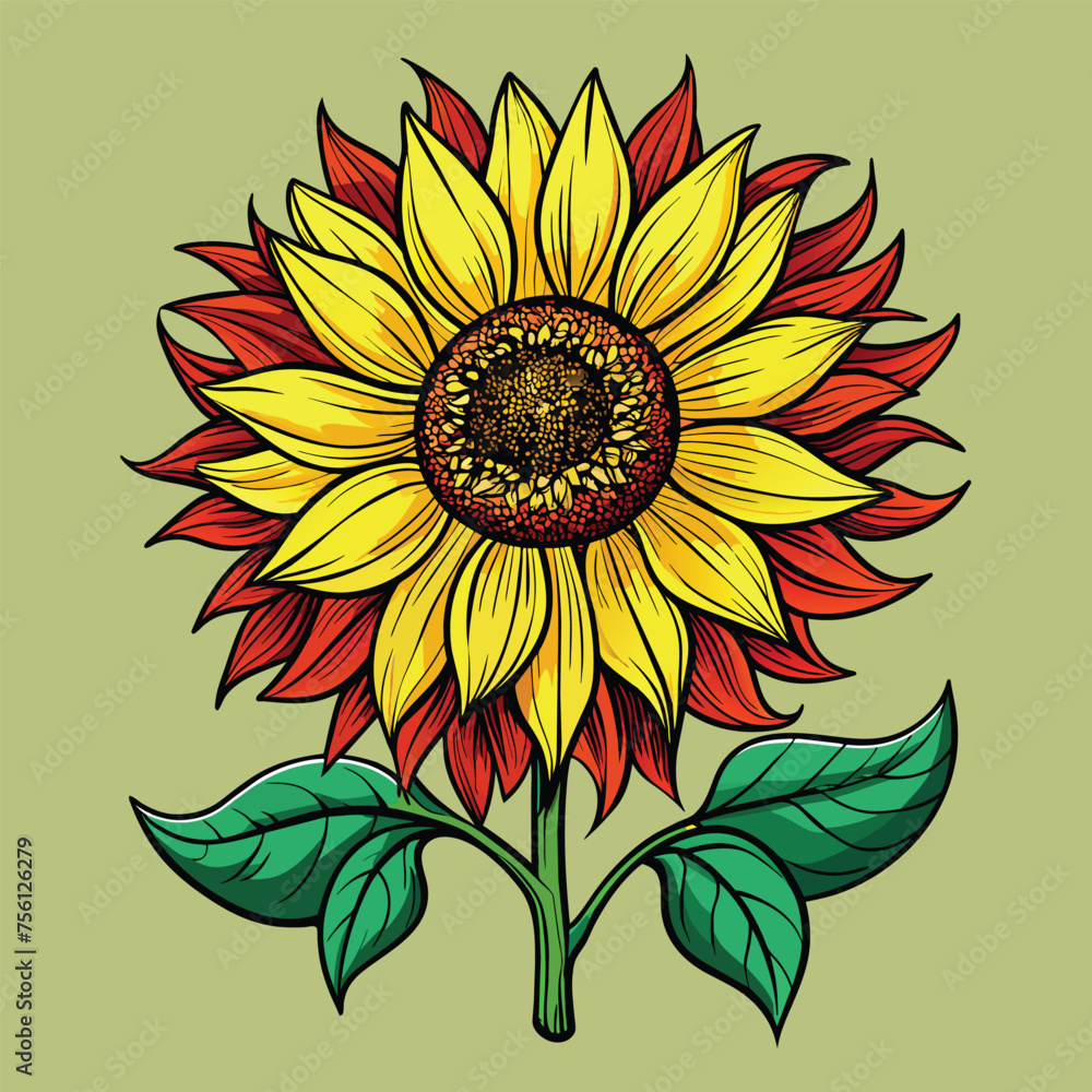 Fototapeta premium Retro a yellow sunflower with green leaves for Tshirt Design