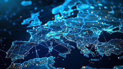 Abstract map of Western Europe, concept of European global network and connectivity, data transfer and cyber technology, information exchange and telecommunication 