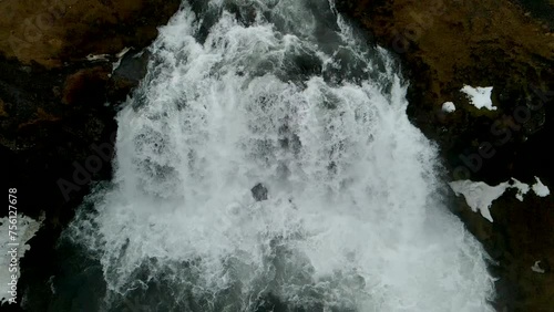 4K drone capturing cinematic views of water cascading down the mountains in Iceland from an aerial perspective. photo