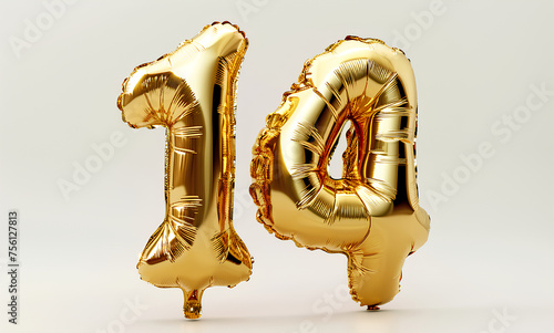 Gold Number fourteen balloon Isolated on white background (ID: 756127813)