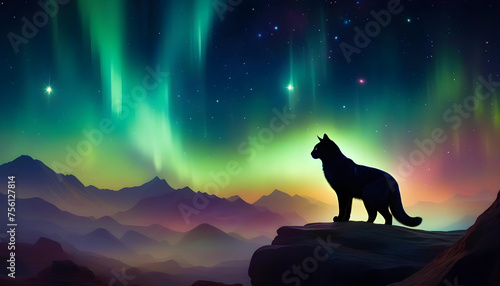 A digital artwork of a dark cat with glowing eyes and a galaxy-like fur pattern.