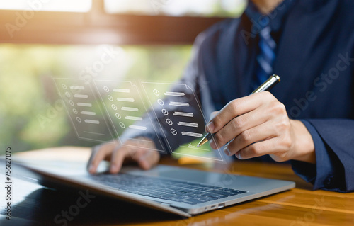 businessman signs form agreement online technology, a smart contract on the laptop. concept of document electronic, signature on form agreement digital. used signature in transaction business, bank 