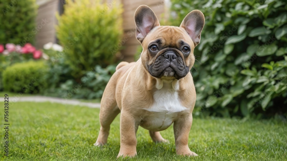 Fawn french bulldog in the garden