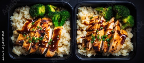 Two containers containing a delicious mix of rice, broccoli, and chicken. This nutritious dish is a perfect combination of food ingredients and produce