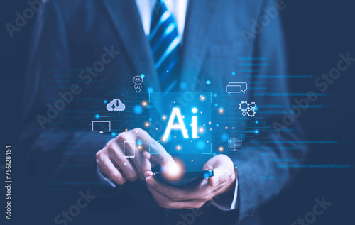 Fototapeta Naklejka Na Ścianę i Meble -  artificial intelligence open for customers. chatbot digital technology generates the information command prompt, smart robot conversation. concept of development of AI chat business communication.