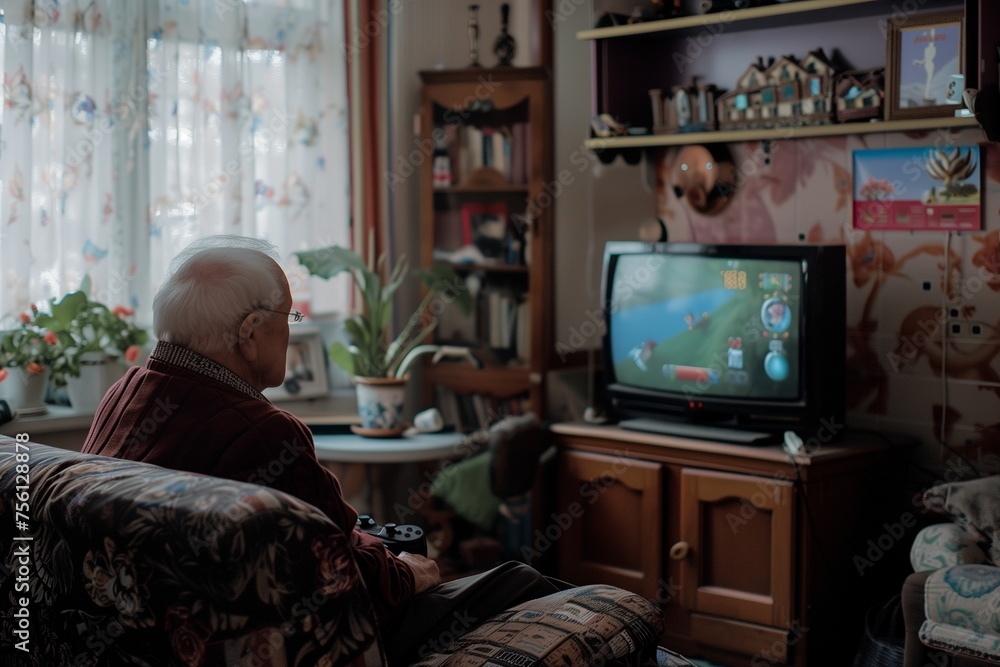 Concentrated Senior Man with Video Game Controller