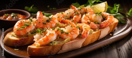 A delicious dish of shrimp on a slice of bread on a plate. This Californiastyle pizza ingredient combines seafood and baked goods for a unique cuisine experience