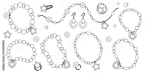 Beads bracelets, ring, earrings black and white.Cartoon bracelets made of beads different shapes. Children's plastic jewelry on wrist. Retro bracelets isolated on white background.