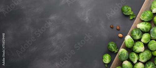 Brussels sprouts and nuts displayed in a cardboard box on a black background, showcasing natural foods from terrestrial plants. Twig and insect pests might be attracted to the event © 2rogan