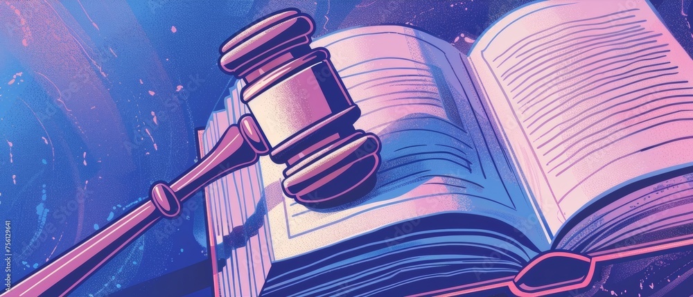 A closeup of a law book od to a page with a detailed illustration of a judges gavel a symbol of legal knowledge and expertise. - obrazy, fototapety, plakaty 