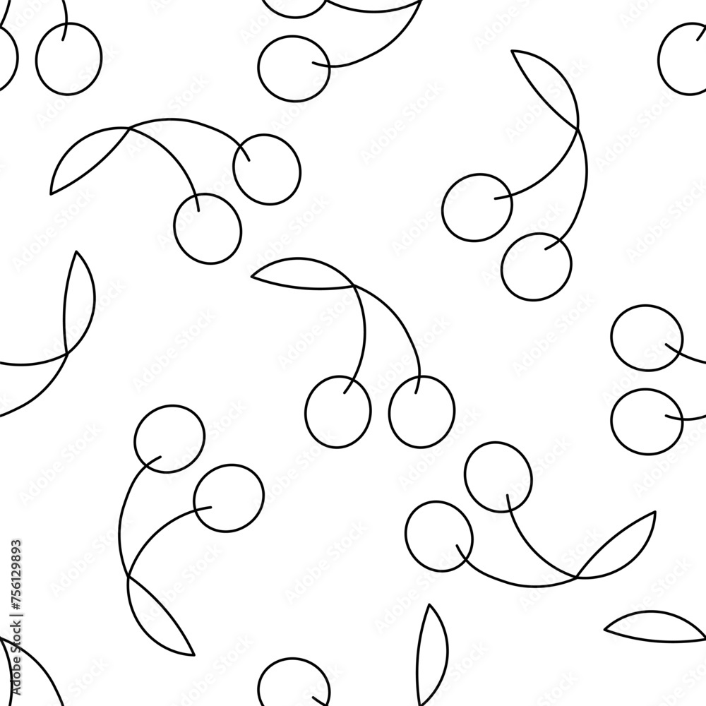 Cherry with leaves. Summer seamless pattern. Bright berry background. Healthy vegetarian snack. Hand drawn vector illustration. wallpaper print ornament fabric paper line doodle coloring Cherry with leaves. Summer seamless pattern. Bright berry background. Healthy vegetarian snack. Hand drawn vector illustration. wallpaper print ornament fabric paper line doodle coloring