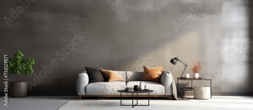 Stylish living room with gray walls, concrete floor, furniture, and mock-up poster on the right.