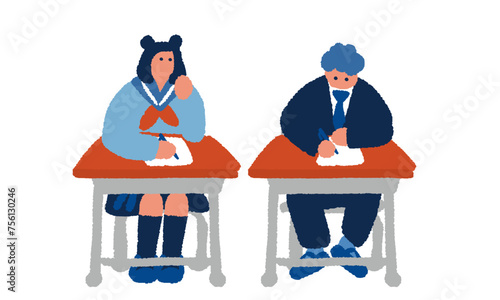 勉強をする制服を着た学生のシンプルでフラットなイラスト
