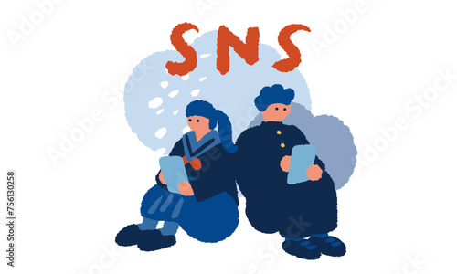 SNSについて悩む男女の学生のイラスト

