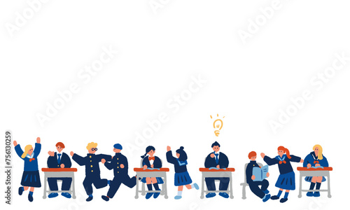 勉強をする制服を着た学生達のシンプルでフラットなイラスト
