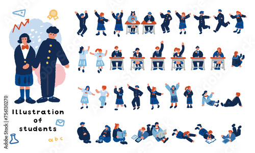 中学生や高校生のイメージイラスト　制服を着た学生のシンプルでフラットなイラストセット
