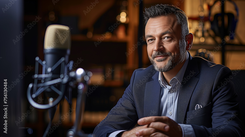 portrait of a businessman talking on podcast microphone, business person sharing his experience or success story concept, entrepreneur speaking on mic