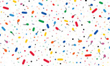 Seamless Pattern, White Background, Colorful Sprinkles and Question Marks, 1980s Style, Simple Design, Flat Vector, Simple Shapes, Simple Lines, in the Style of 80s
