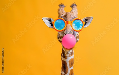 Giraffe blowing bubble gum wearing sunglasses portrait on bright pastel background. presentation. advertisement. invitation. copy text space.