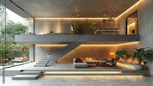 Minimal modern home, living room and dining room design, dining area on bright interior background, 3d render © Jennifer