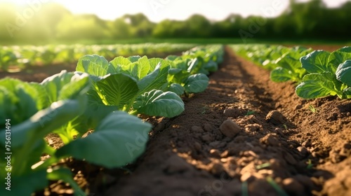 Agricultural field with growing cabbage on a sunny day.