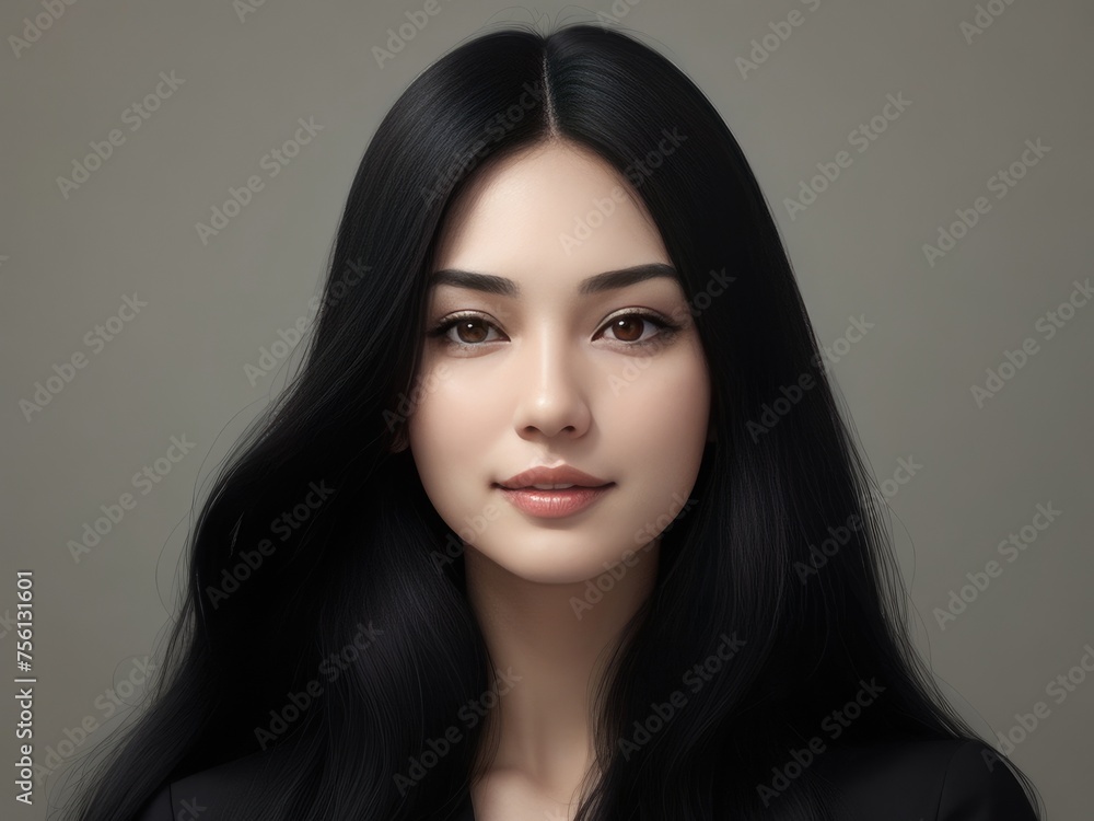 A beautiful woman with median height, White skin, medium hair, black hair, average build, Dimple, Straight hair, Simple A beautiful woman with median height, White skin, medium hair, black hair, average build, Dimple, Straight hair, Simple