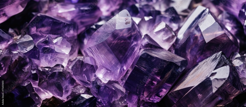 A closeup view of a stack of beautiful purple crystals resembling a pattern of violet and magenta petals. The electric blue font adds a touch of metal fashion accessory to the design A closeup view of a stack of beautiful purple crystals resembling a pattern of violet and magenta petals. The electric blue font adds a touch of metal fashion accessory to the design