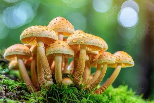 Group of mushrooms growing on the mossy forest floor. © wpw