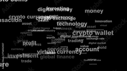 Digital money crypto currency texts on black background for crypto coin, altcoin, and crypto exchange enthusiasts